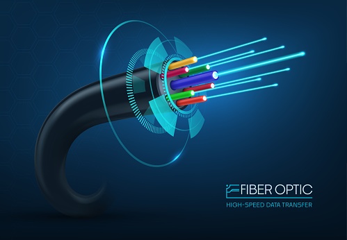 Fiber optic cable, 3d vector flexible strand of glass or plastic that transmits data using light signals, providing high-speed and reliable communication for internet, phone, and television services