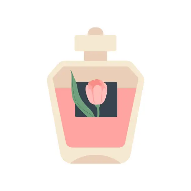 Vector illustration of Fashionable Bottle of womens perfume. Relax Aromatherapy clipart. Extract Flowers aromatic therapy.