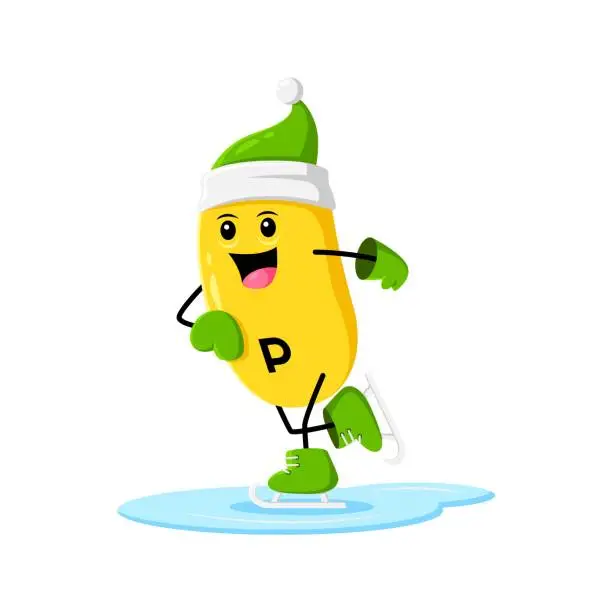 Vector illustration of Cartoon Christmas vitamin P skiing on the ice rink