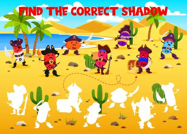 Vector illustration of Find the correct shadow of cartoon vitamin pirates