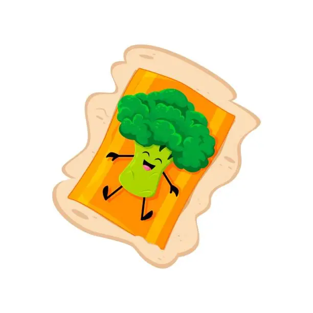 Vector illustration of Cartoon cheerful broccoli vegetable on beach mat