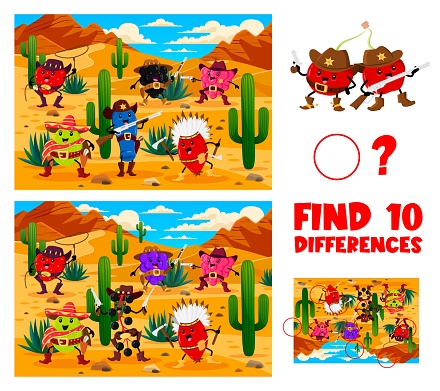 Find ten differences between western berry cowboy, sheriff, ranger and bandit characters in desert. Difference find vector worksheet with strawberry, blueberry, raspberry, gooseberry and honeyberry