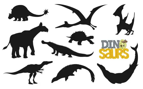 Vector illustration of Cartoon dinosaur characters silhouettes