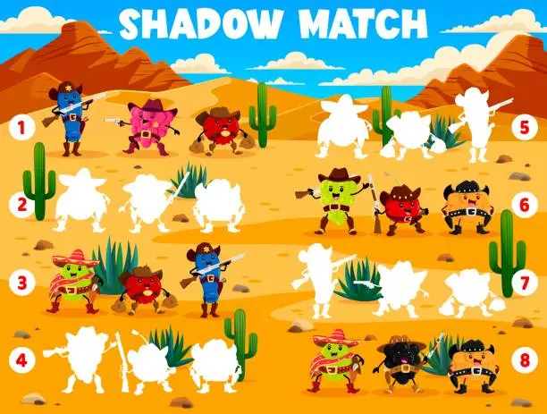 Vector illustration of Shadow match game, cartoon Western berry cowboys