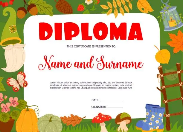 Vector illustration of Kids diploma with gnome items, autumn plants