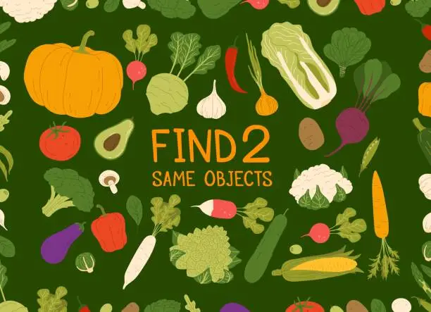 Vector illustration of Find two same harvest raw vegetables, vector game