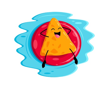 Cartoon tex mex nachos food character on floater ring. Vector mexican meal relax in pool or tropical sea beach floating on inflatable tyre on ocean waves. Funny kids menu personage on summer vacation
