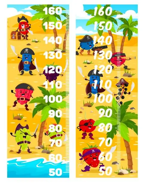 Vector illustration of Kids height chart with berry pirates on island