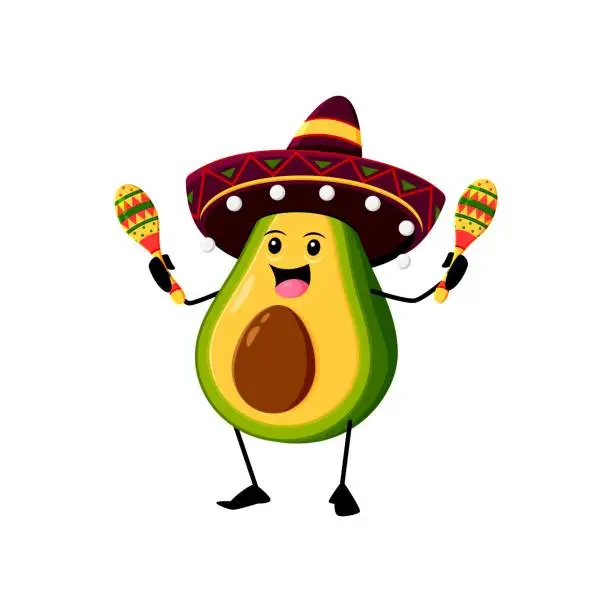 Vector illustration of Cartoon mexican mariachi avocado with maracas