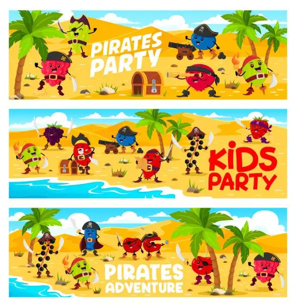 Vector illustration of Cartoon berry pirates and corsairs on island