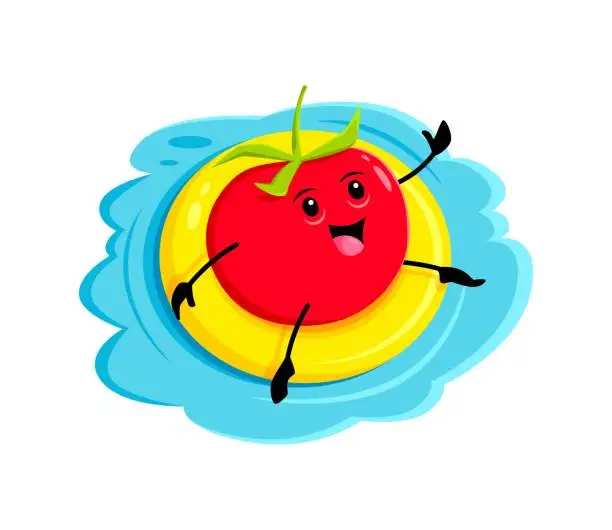 Vector illustration of Cartoon tomato character on summer beach vacation