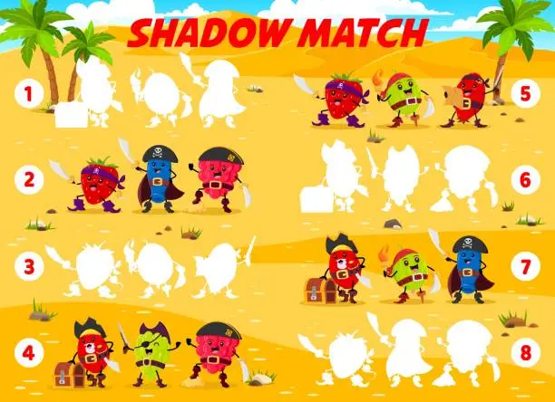 Vector illustration of Shadow match game berry pirates on treasure island