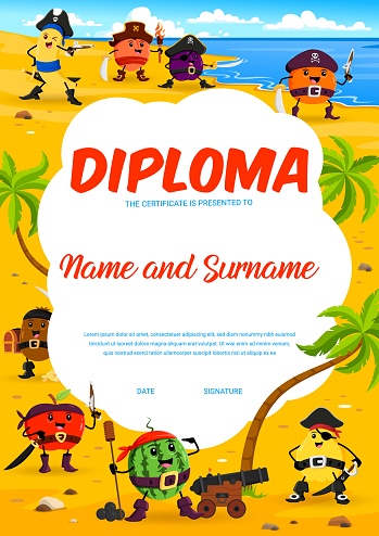 Kids diploma. Cartoon fruit pirate captain and corsairs characters education certificate vector template. Kindergarten diploma with pirate treasure island background frame, fruit filibuster personages