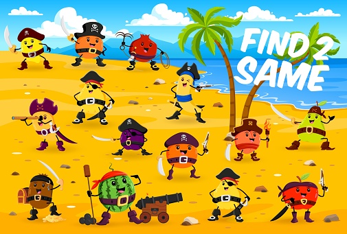 Find two same cartoon fruit pirates and corsairs characters game. Kids puzzle quiz vector worksheet with pirate treasure island background. Cute mango, apple, orange and banana corsairs personages