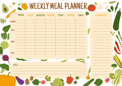 Weekly meal schedule with harvest raw vegetables. Vector week planner, food plan with raw farm vegetables. Calendar menu with shopping list. Dieting diary timetable template with fresh veggies