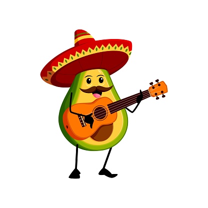 Cartoon mexican mariachi musician avocado character in sombrero hat playing a guitar. Isolated vector amusing tropical fruit personage perform musical concert during Cinco de Mayo holiday celebration