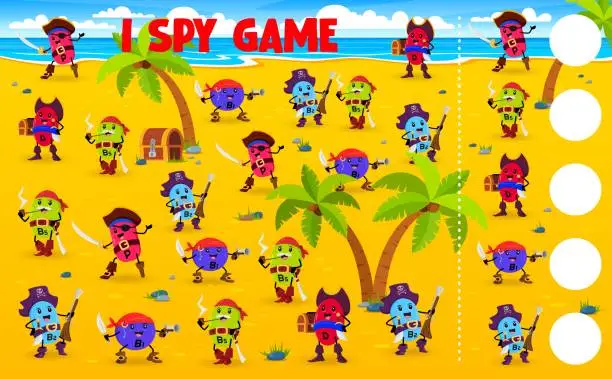 Vector illustration of I spy game worksheet with cartoon vitamin pirates