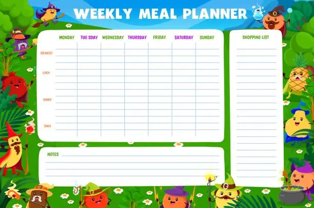 Vector illustration of Weekly meal planner with cartoon fruit wizards