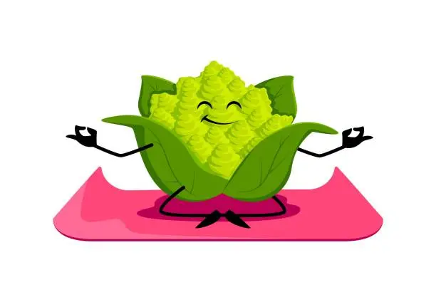 Vector illustration of Cartoon romanesco cabbage vegetable on yoga sport