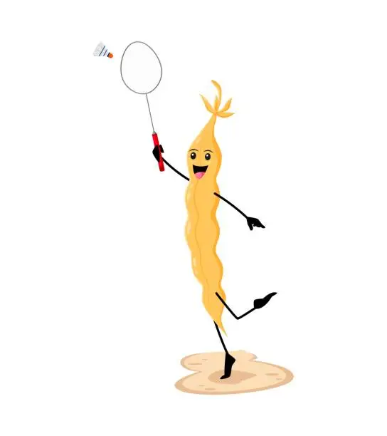 Vector illustration of Cartoon cheerful soy bean pod enjoys badminton