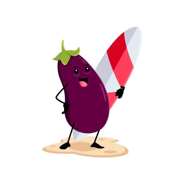 Vector illustration of Cartoon eggplant character surfer on summer beach