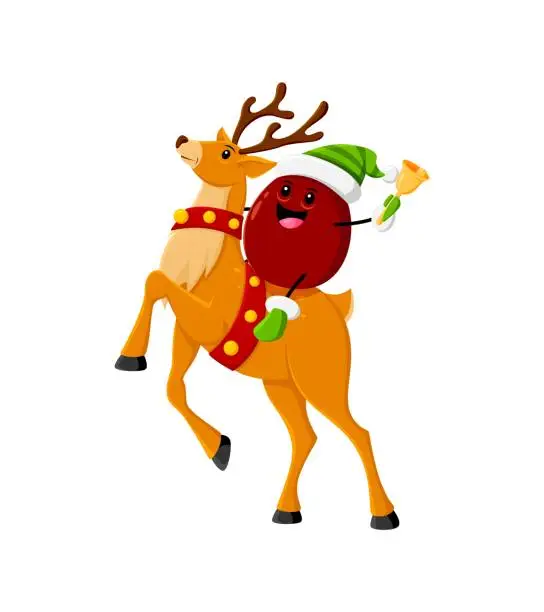 Vector illustration of Cartoon Christmas plum fruit character on reindeer