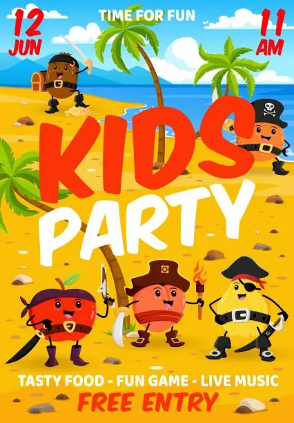 Vector illustration of Kids party flyer. Cartoon fruit pirates on island
