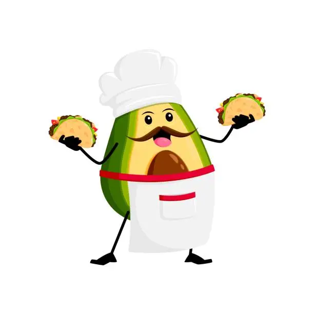 Vector illustration of Cartoon mexican chef avocado character with tacos