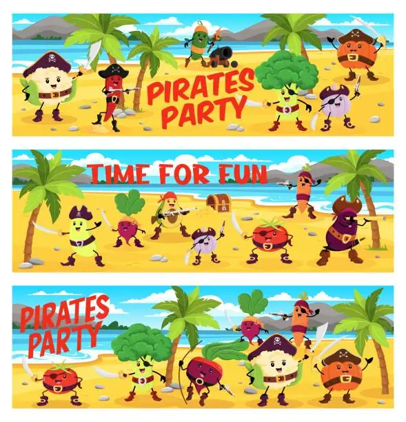Vector illustration of Cartoon vegetable pirates, corsairs party banners