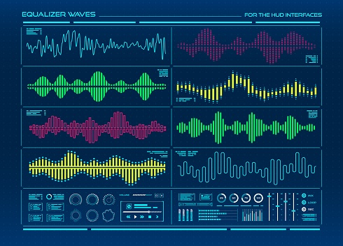 HUD equalizer, music digital sound wave and voice recognition signals. Graphic equalizer interface vector elements with color soundwaves, sound frequency waveforms, audio spectrum line and bar graphs