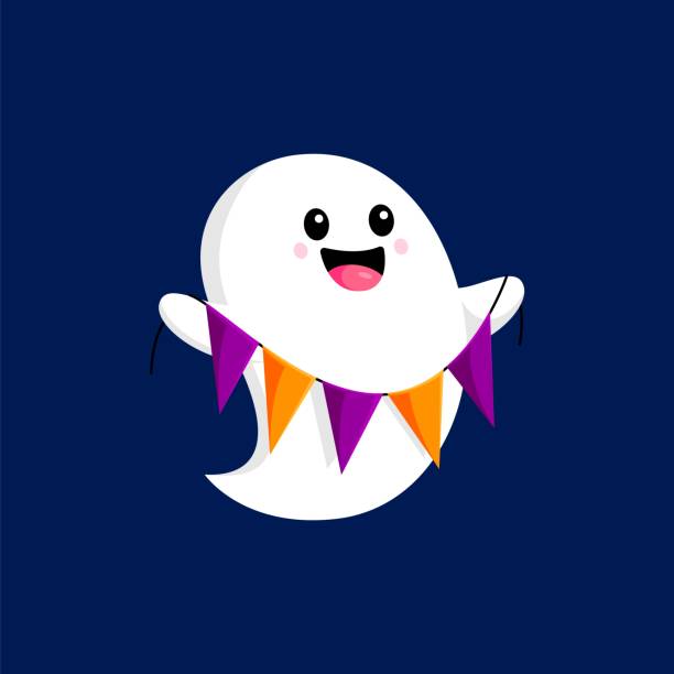 Cartoon Halloween kawaii ghost with flag garland Cartoon Halloween kawaii ghost character with festive flag garland. Isolated cute and adorable spirit personage adding a charming and spooky touch to holiday, creating a whimsical seasonal atmosphere casper wyoming stock illustrations