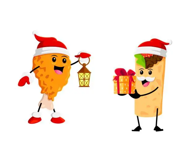 Vector illustration of Cartoon chicken leg, burrito Christmas characters