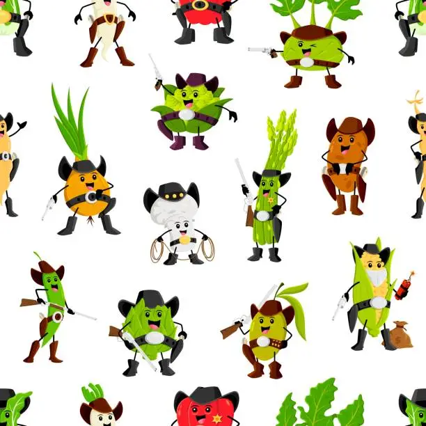 Vector illustration of Western cowboy vegetable characters pattern