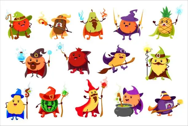 Vector illustration of Cartoon fruits wizard or mage sorcerer characters