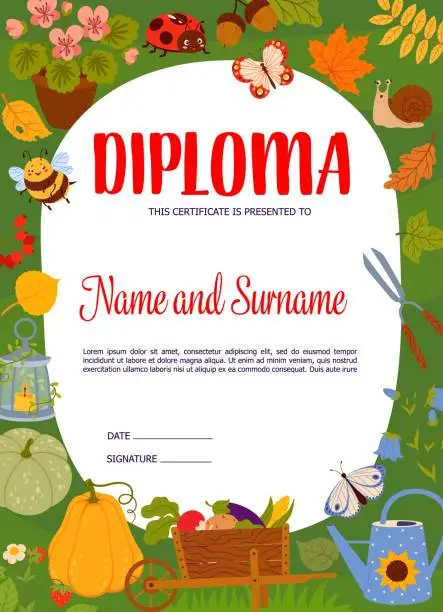 Vector illustration of Kids diploma with gnome items and autumn leaves