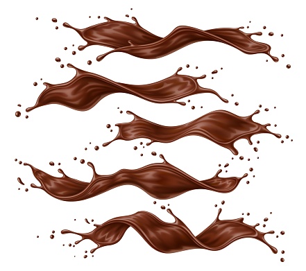 Realistic liquid chocolate splash wave. Brown choco, cream or cacao flow. Isolated 3d vector rich, velvety cascading sweet jets and creamy swirls, capturing the essence of indulgence and temptation