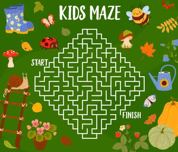 Vector illustration of Labyrinth maze with autumn leaves, animals, plants