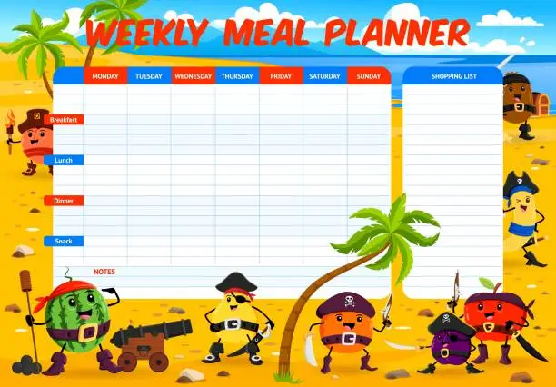 Vector illustration of Weekly meal planner with fruit pirates characters