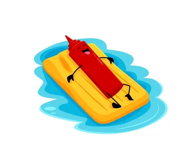 Vector illustration of Cartoon ketchup character on inflatable mattress