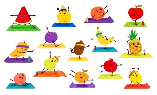 Cartoon fruit characters on yoga, farm food vector personages doing fitness and pilates sport exercises. Cute banana, apple, lemon, pineapple and watermelon, orange and mango performing yoga poses