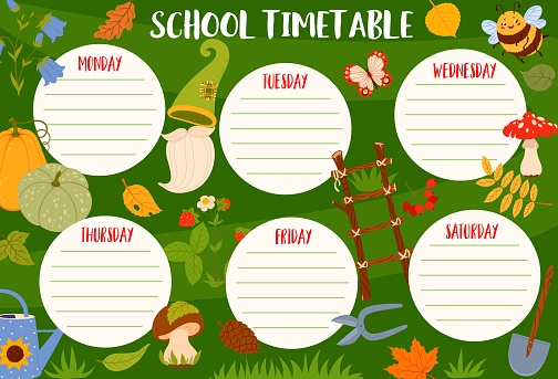 School education timetable schedule. Autumn leaves, animals, plants and gnome garden tools. Children study week timetable, school classes vector schedule with ladder, mushrooms, berries and flowers