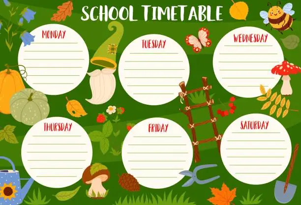 Vector illustration of School education with autumn plants and gnome tool