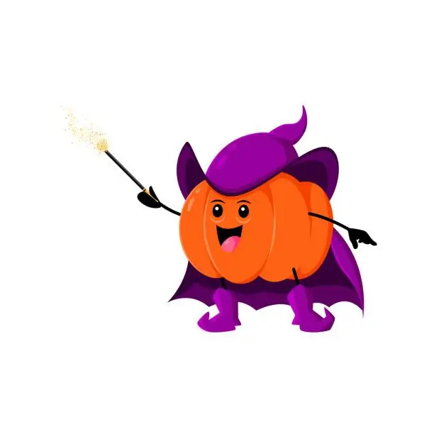 Vector illustration of Cartoon Halloween pumpkin wizard armed with a wand