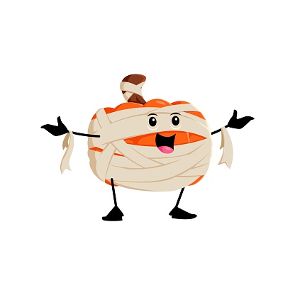 Cartoon Halloween pumpkin character wear playful mummy costume, wrapping itself in spooky bandages for the festive season. Isolated vector cheerful gourd personage ready to horrible party celebration