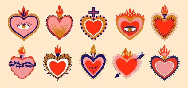 Vector illustration of Cartoon Mexican sacred hearts, vibrant vector set