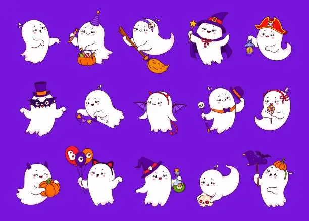 Vector illustration of Cartoon Halloween kawaii cute ghost characters