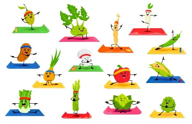 Vector illustration of Cartoon vegetable characters on yoga fitness sport