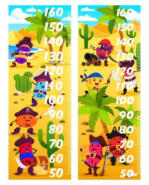 Vector illustration of Kids height measure chart with vitamins pirates