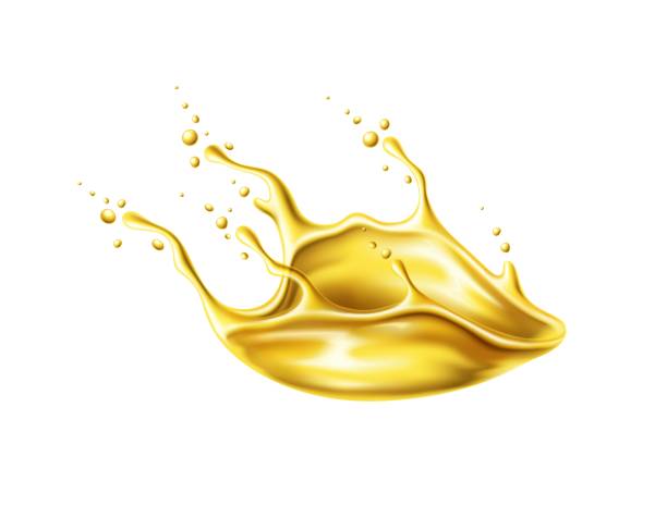 illustrazioni stock, clip art, cartoni animati e icone di tendenza di spruzzi di flusso dell'olio con schizzi, vortice giallo 3d - cooking oil drop honey beer