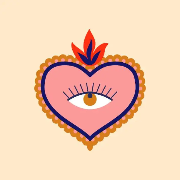 Vector illustration of Mexico sacred heart with fire and eye symbol